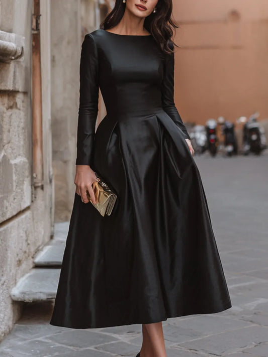 Vestido Longo Elegante Manga Comprida Decote Canoa Godê