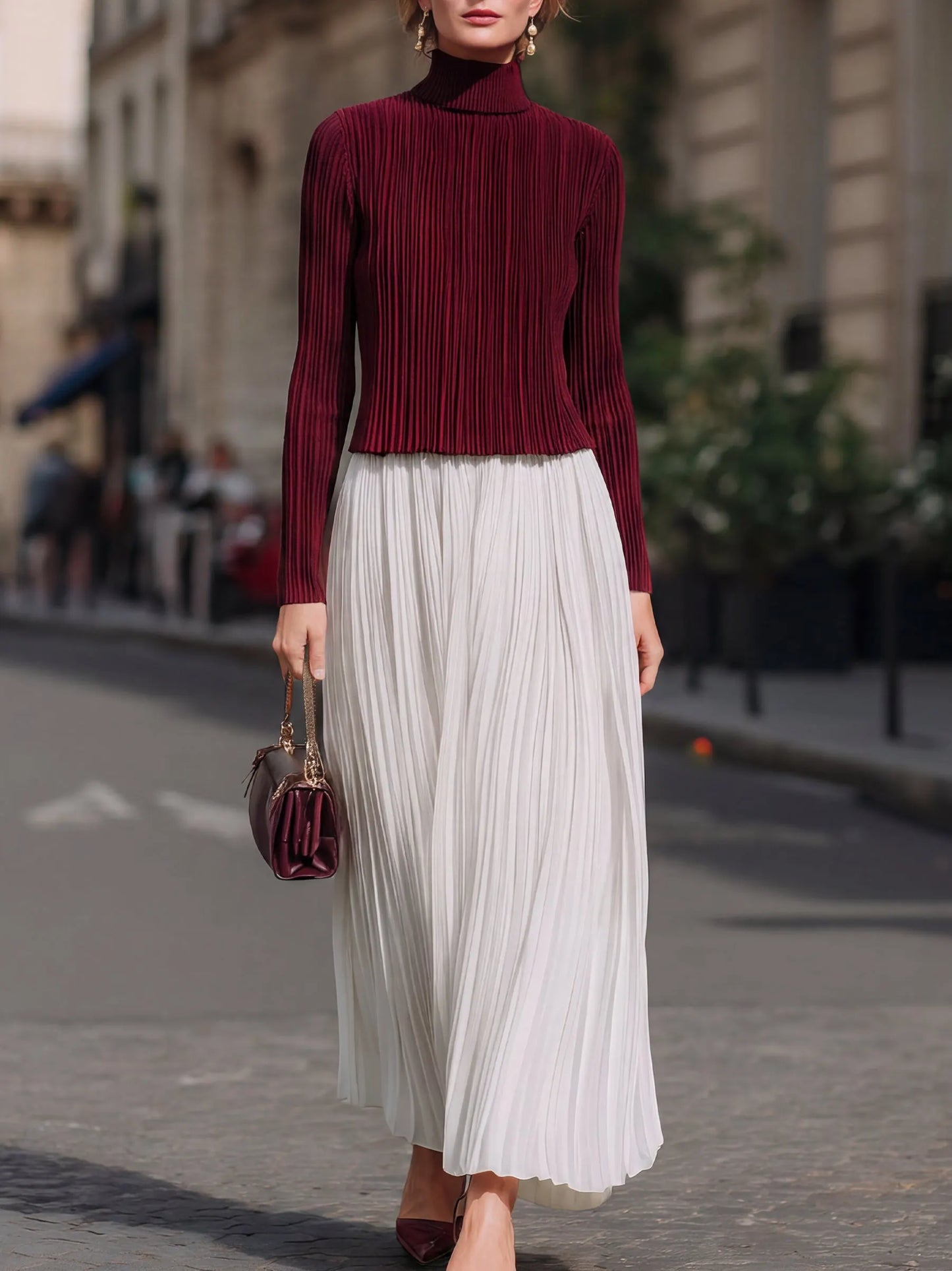 Pleated Mock-Neck Top & Maxi Skirt Set
