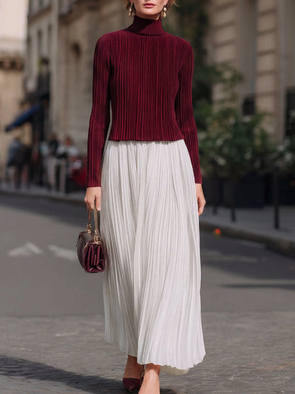 Pleated Mock-Neck Top & Maxi Skirt Set