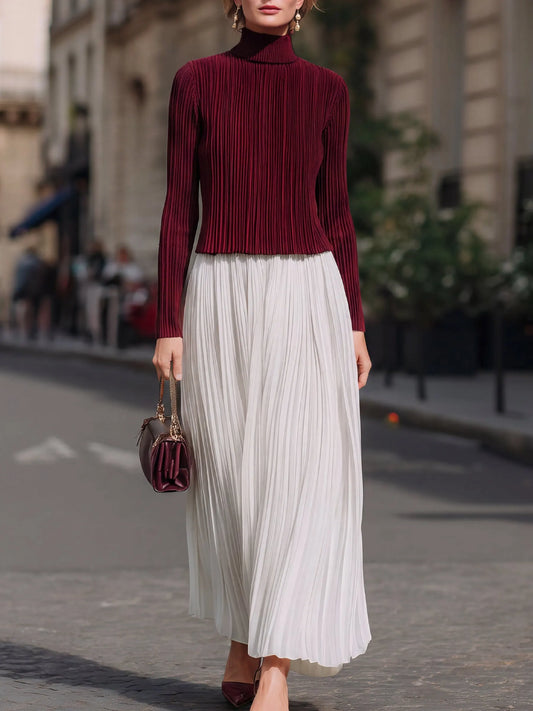 Pleated Mock-Neck Top & Maxi Skirt Set