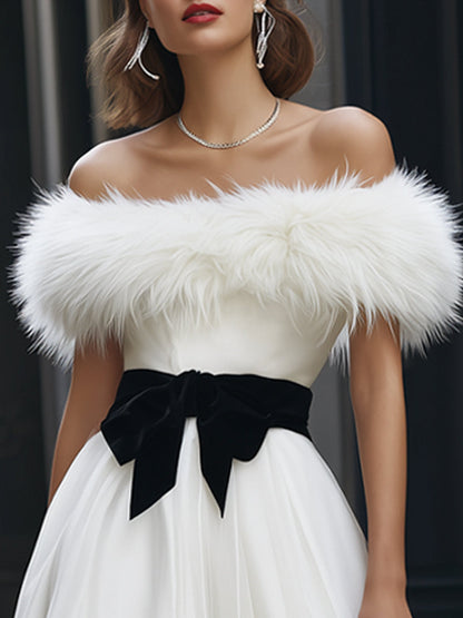 Detachable Faux Fur Trim Off-Shoulder Tulle Midi Dress