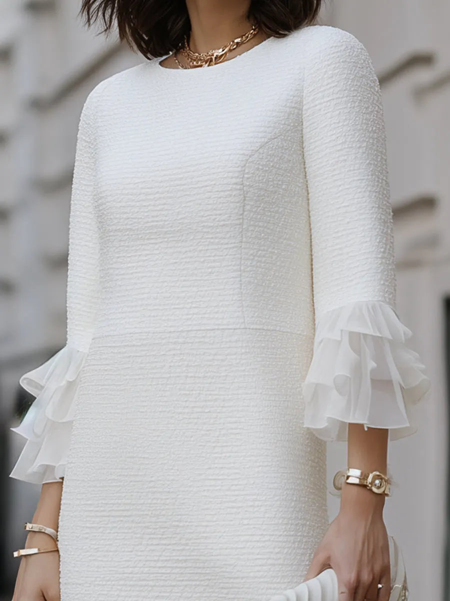 Crew-Neck Textured Shift Dress With Tiered Ruffle Sleeves
