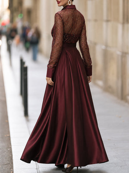 Sequin Mesh Sleeve Satin Maxi Dress