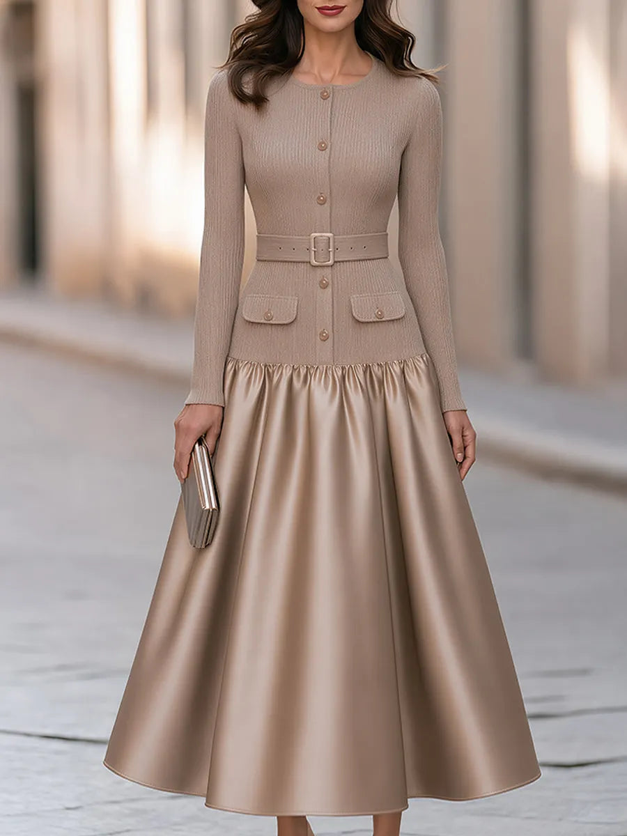 Elegant Ribbed-Knit And Satin Midi Dress With Belt