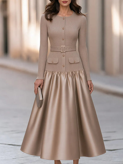 Elegant Ribbed-Knit And Satin Midi Dress With Belt