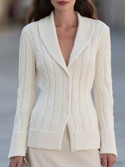 Cable Knit Shawl Collar Button Front Cardigan