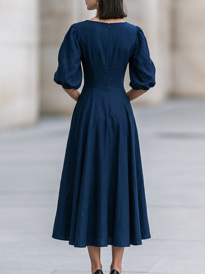 Sweetheart V-Neck Puff Sleeve Midi Swing Dress