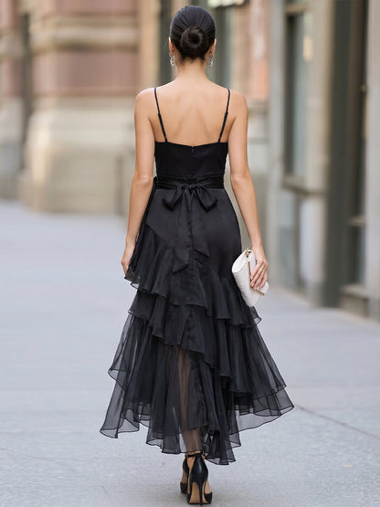 Sheer Mesh V-Neck Wrap Dress Thin Straps Cascading Flowy Tulle Ruffle Hem