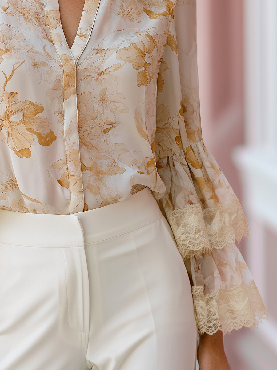 Floral Lace Bell Sleeve V-Neck Chiffon Blouse