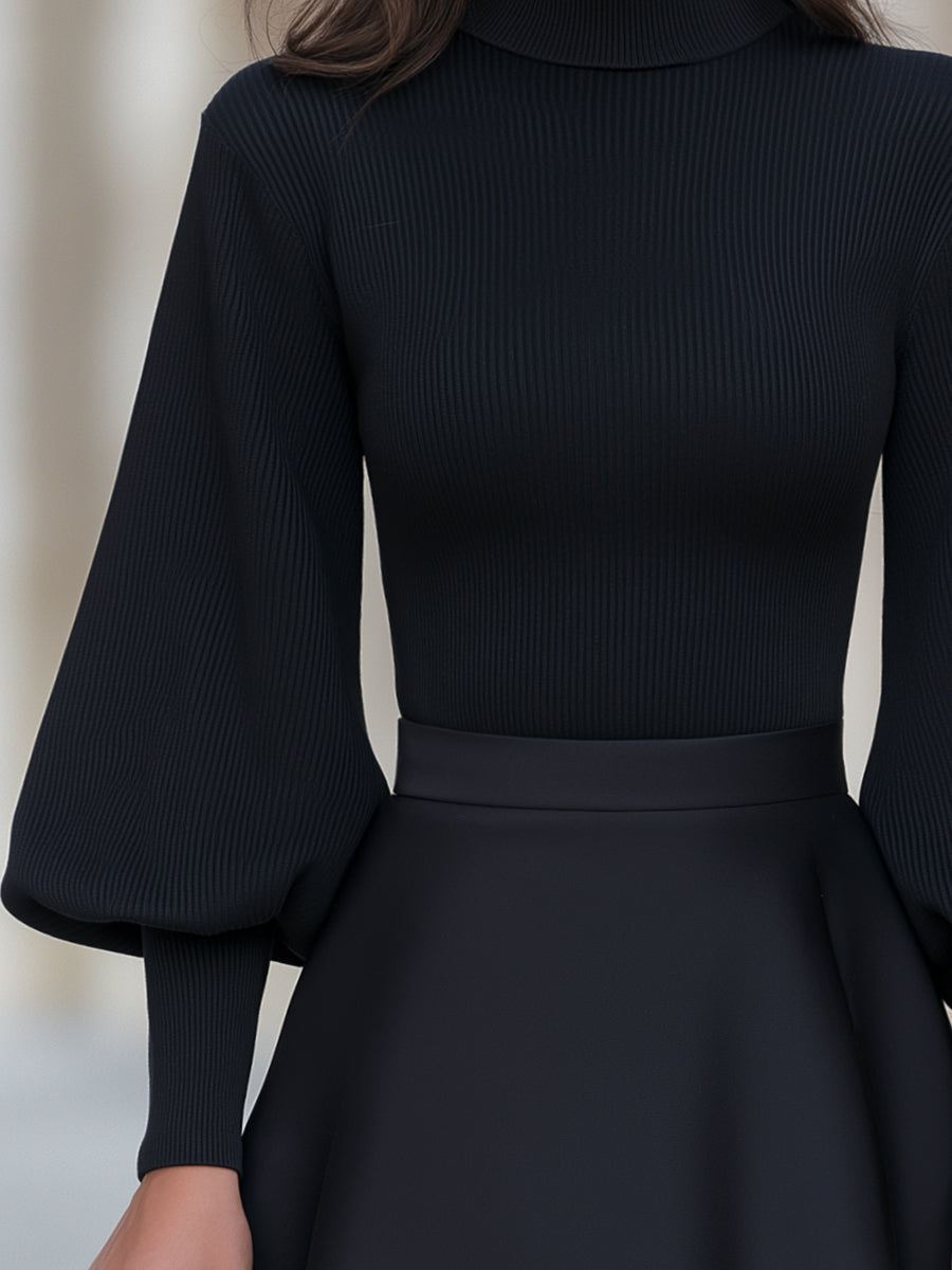 Mock Neckline Ribbed Knit Puff Sleeve Top