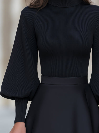 Mock Neckline Ribbed Knit Puff Sleeve Top