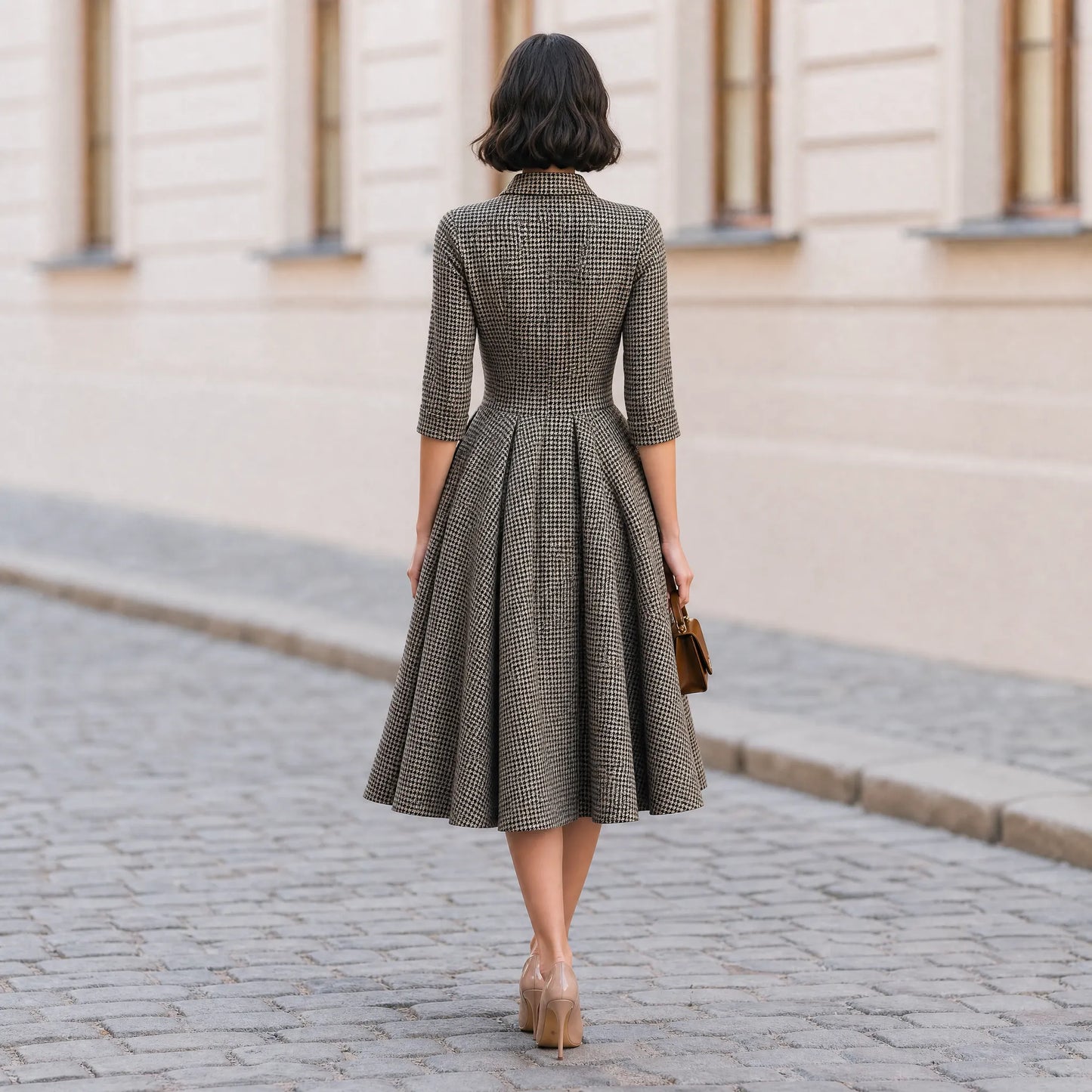 Houndstooth Collared 3/4 Sleeve Button Front A-Line Midi Dress