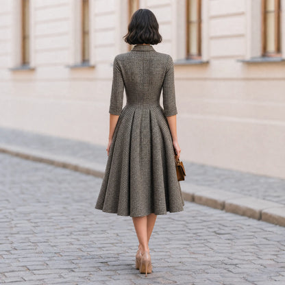 Houndstooth Collared 3/4 Sleeve Button Front A-Line Midi Dress