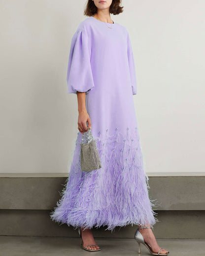 Feather-Trimmed Embellished Recycled-Crepe Gown