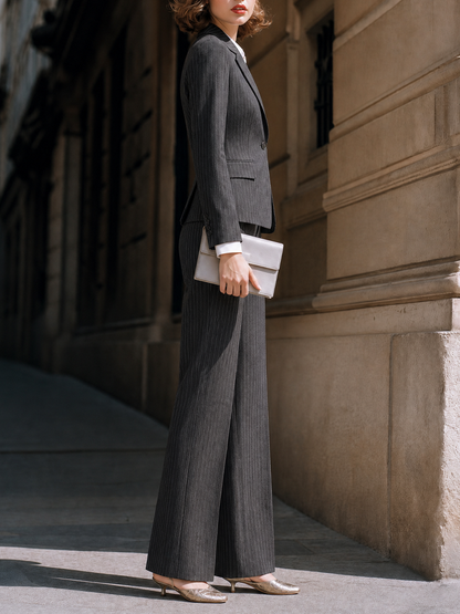Pinstripe Single-Button Blazer And Wide-Leg Pants Set