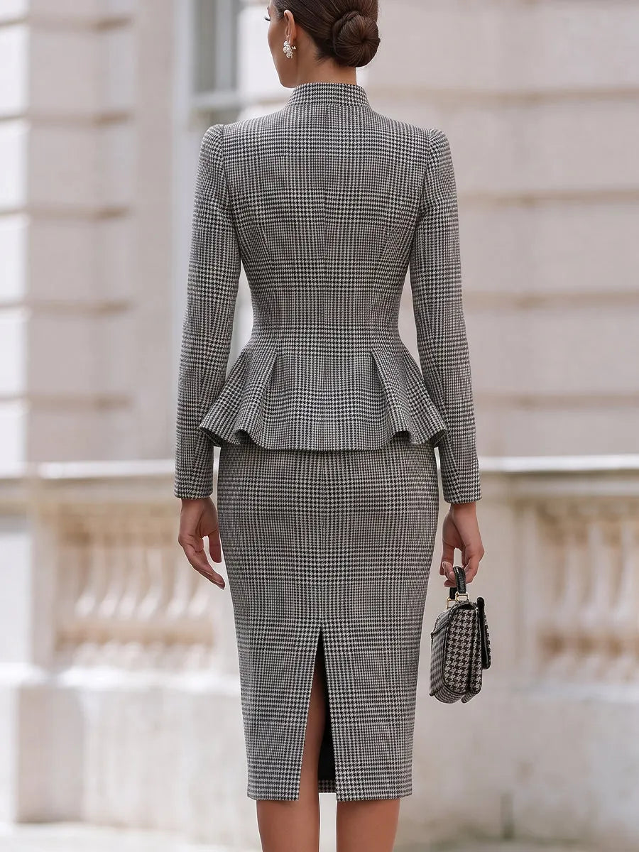 Houndstooth Stand Collar Peplum Jacket & Midi Pencil Skirt Two-Piece Suit