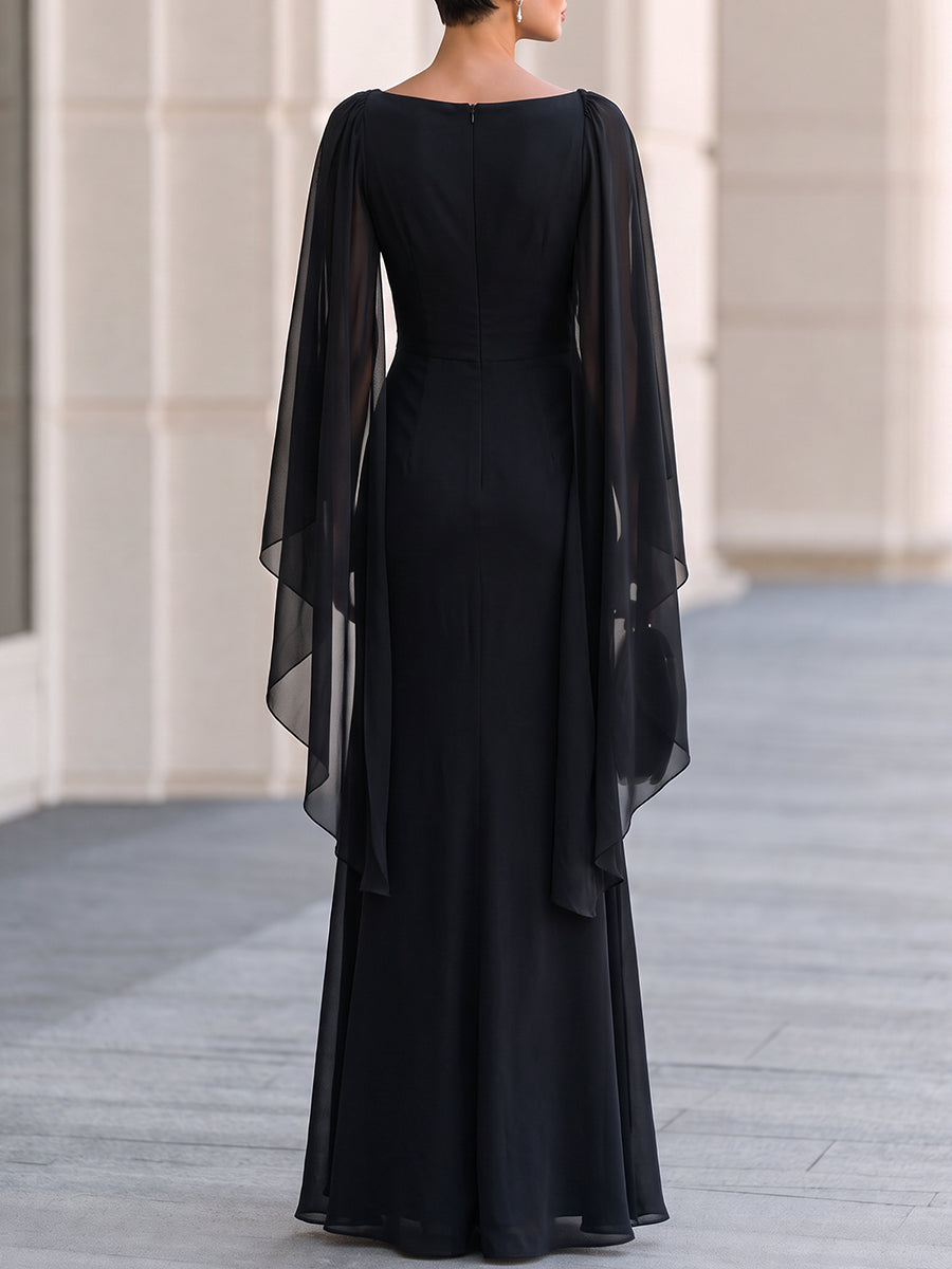 Black Boat Neck Draped Chiffon Cape Sleeve Maxi Formal Evening Gown