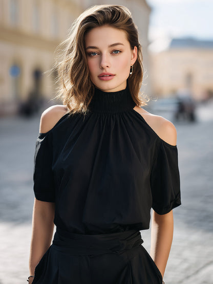 Cold-Shoulder Smocked Mock Neck Blouse