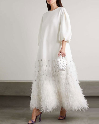 Feather-Trimmed Embellished Recycled-Crepe Gown