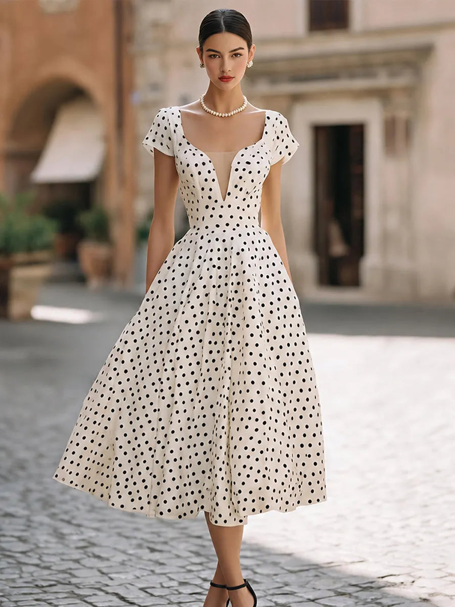 Vintage-Inspired Polka Dot Fit-and-Flare Midi Dress