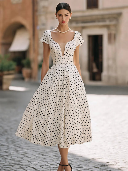 Vintage-Inspired Polka Dot Fit-and-Flare Midi Dress