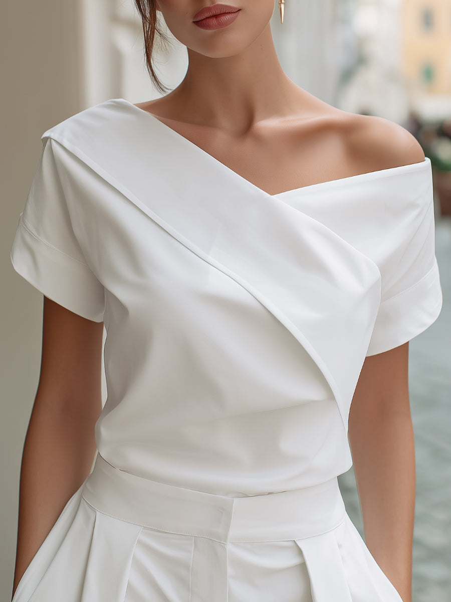Asymmetrical Off-Shoulder Folded Collar Blouse