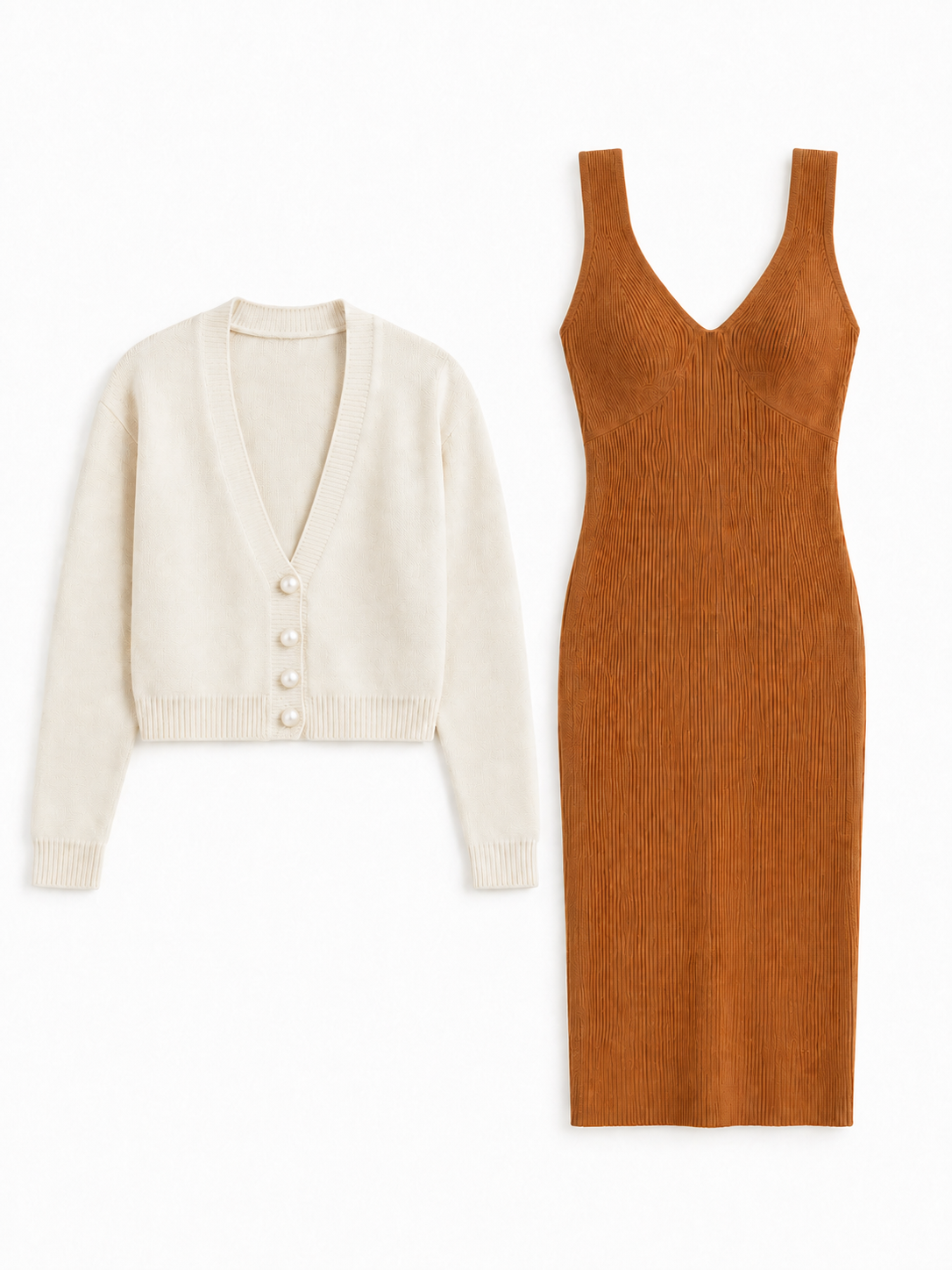 Ribbed Knit Midi Dress And Cardigan Set