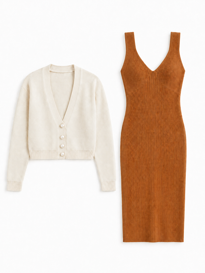 Ribbed Knit Midi Dress And Cardigan Set
