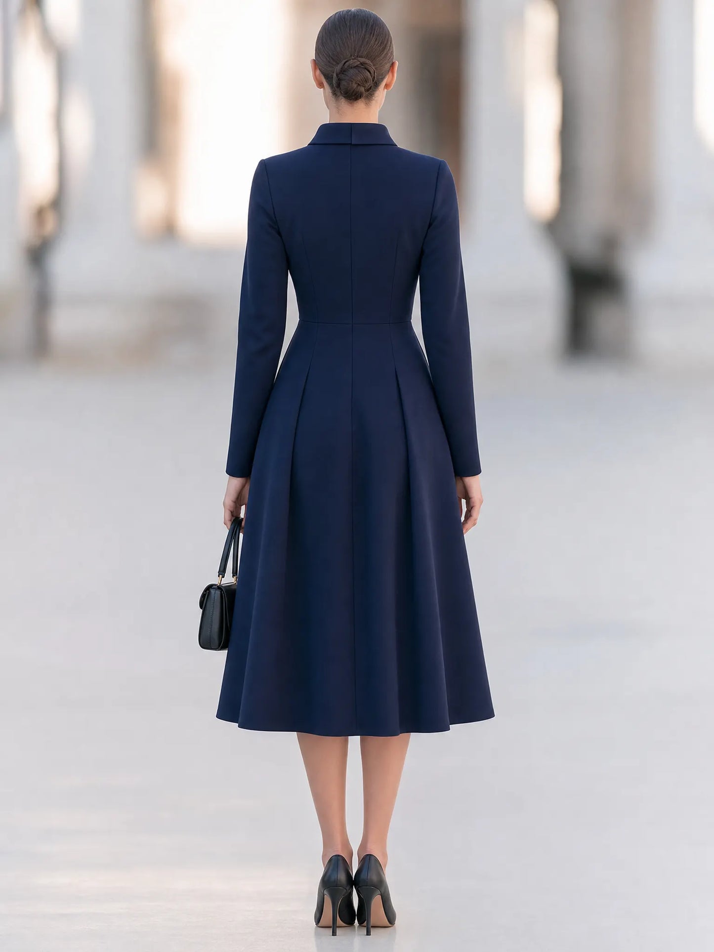 Elegant Navy Blue Long Sleeve Collared A-Line Midi Dress