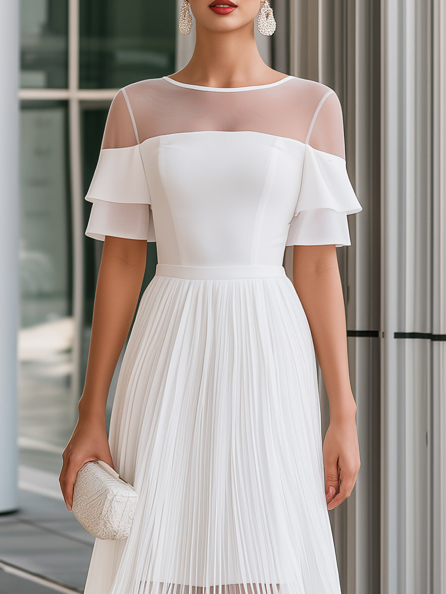 Sheer Mesh Neck Chiffon Pleated A-Line Midi Dress