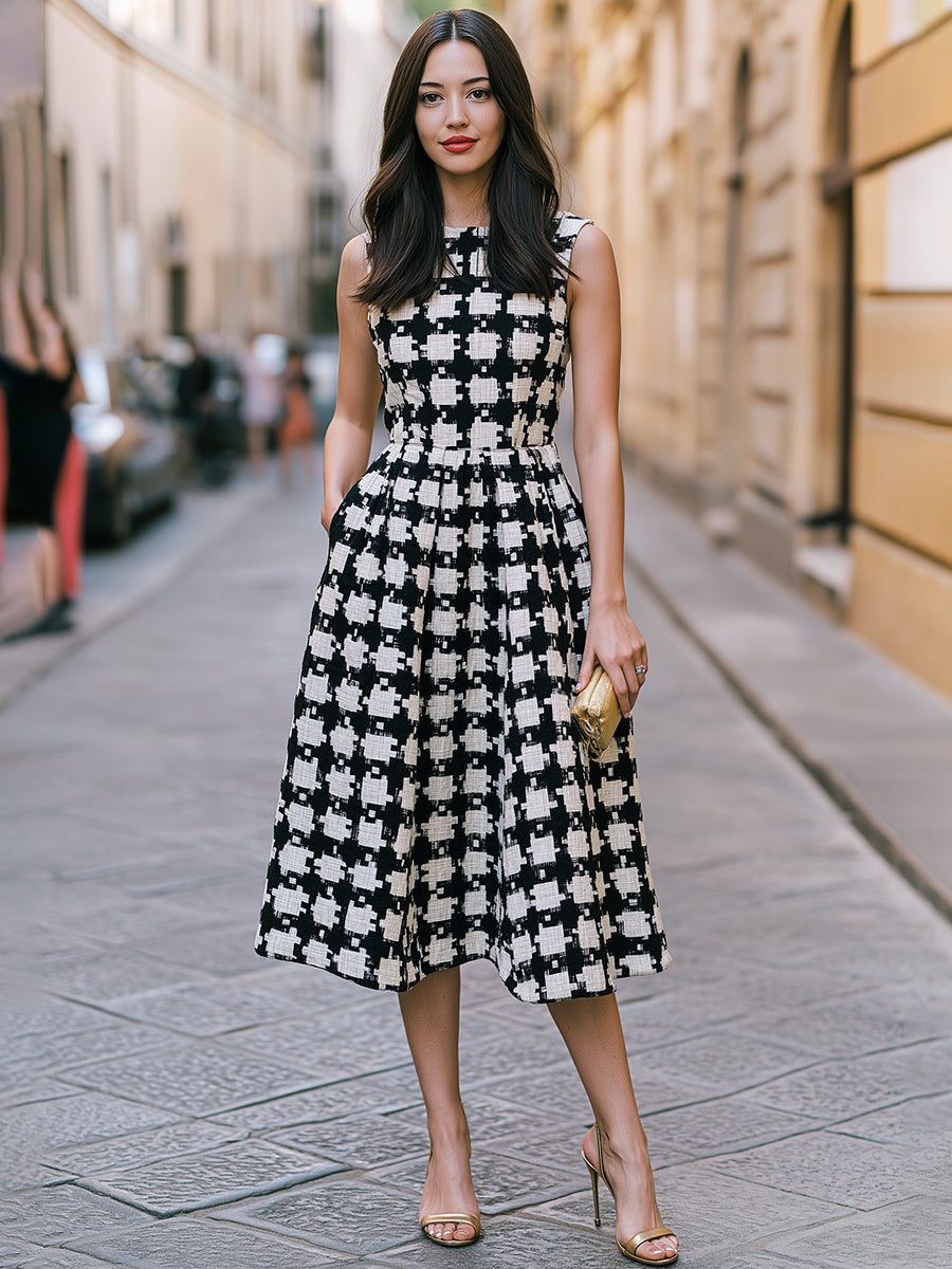Sleeveless Houndstooth Tweed Pleated Flare Midi Dress