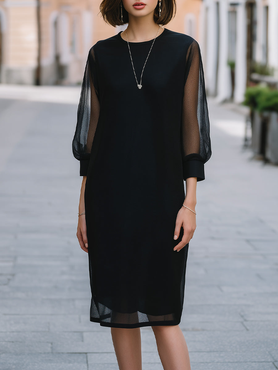 Mesh Puff Sleeve Crew Neck Shift Midi Dress