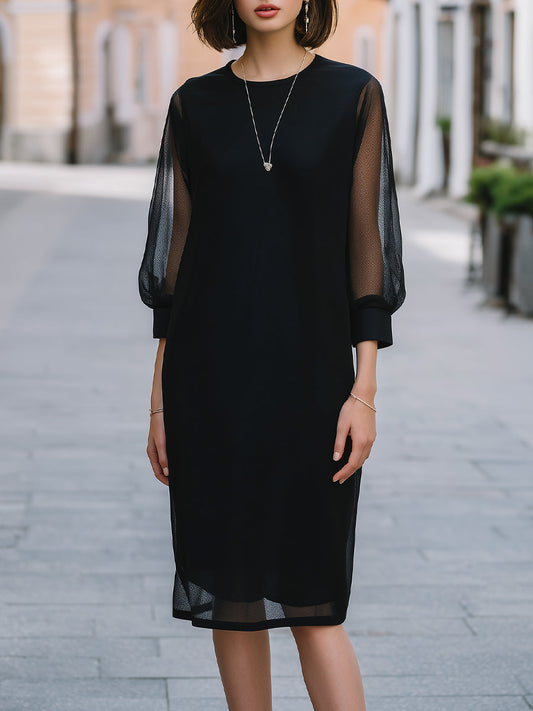 Mesh Puff Sleeve Crew Neck Shift Midi Dress
