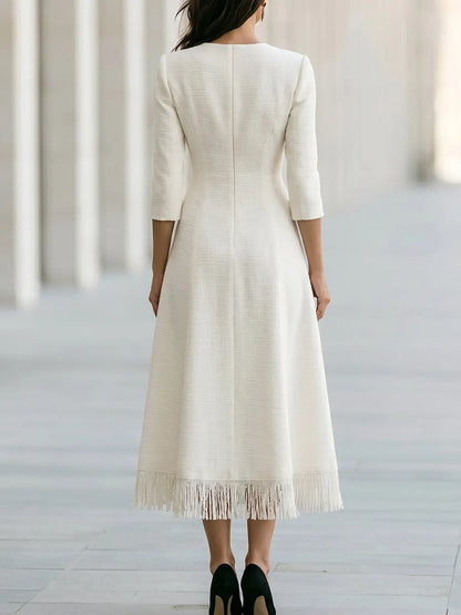 Fringe Hem Pearl Button A-Line Midi Dress