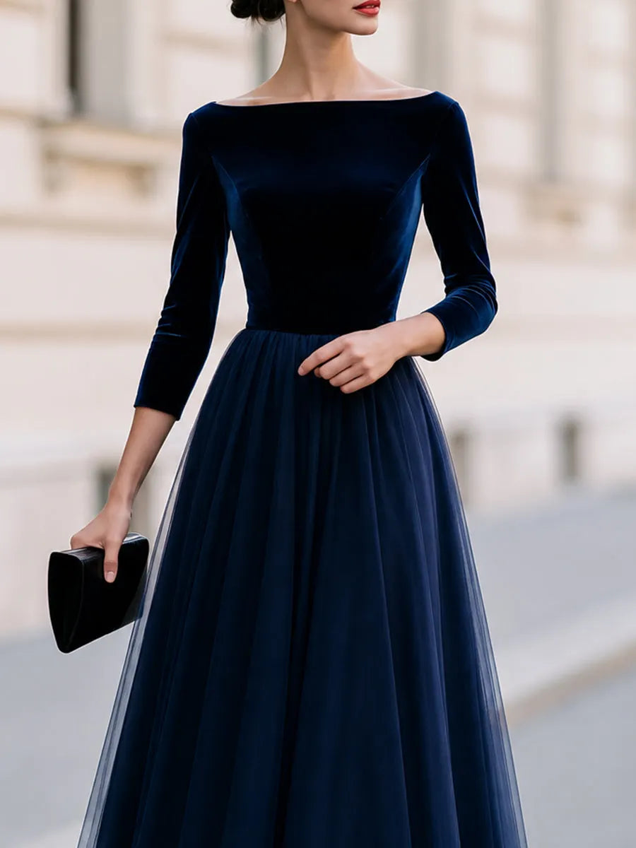 Velvet Tulle Midi Dress For Cocktail, Wedding Guest & Formal Evening Occasions