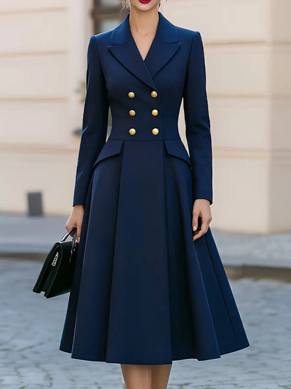 Notched Lapel Double Breasted Gold Button Peplum Flared Midi Dress