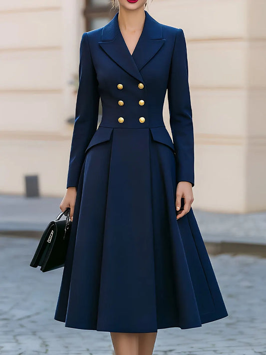 Vestido Midi Evasê Peplum com Abotoamento Duplo, Lapela Entalhada e Botões Dourados