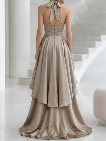 Halter Wrap Satin Layered High-Low Gown