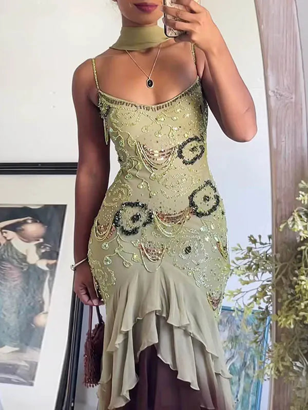 Sequinned Flower Sleeveless  spaghetti-neck Wrap Maxi Dresses Fairytale Dress