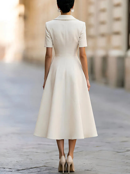 Asymmetric Lapel Short Sleeve Fit-and-Flare Midi Dress