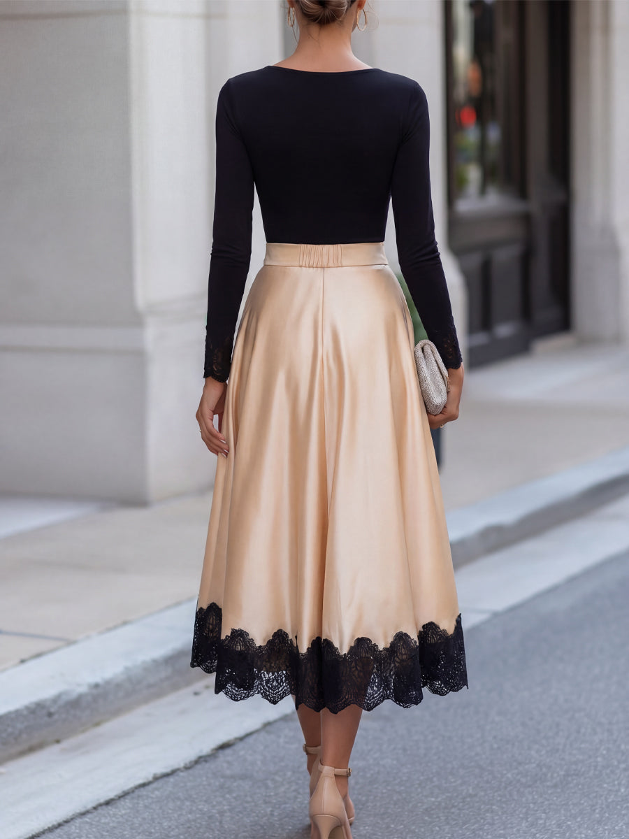 Lace Trim T-Shirt Satin A-Line Skirt Two-Piece Set