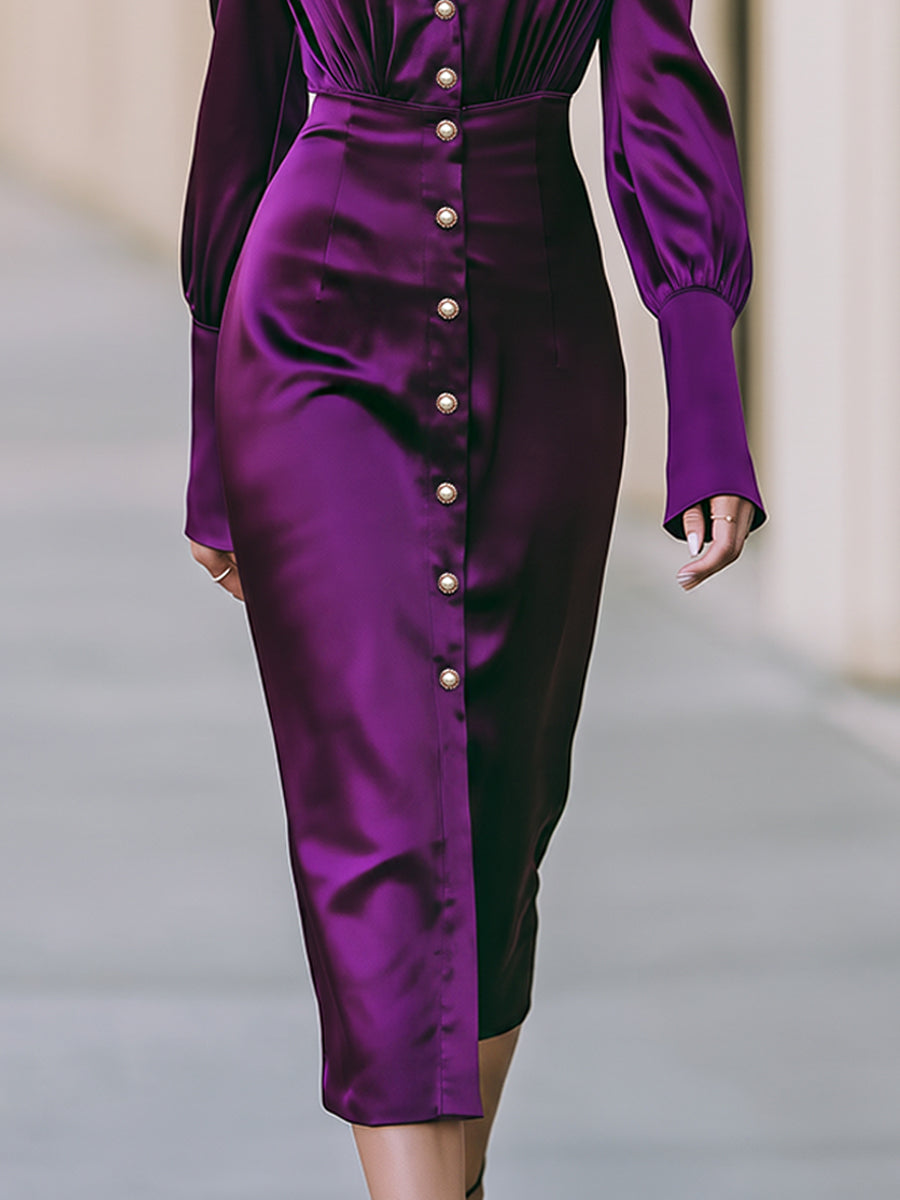 Satin Lapel Button Front Ruched Waist Midi Dress