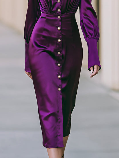 Satin Lapel Button Front Ruched Waist Midi Dress