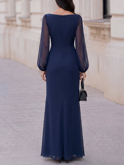 Boat Neck Sheer Long Sleeve Ruched Slit Chiffon Maxi Evening Gown