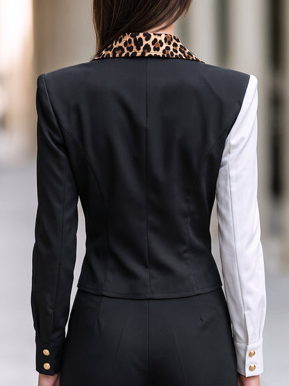 Colorblock Leopard Print Zip-Up Tailored Blouse