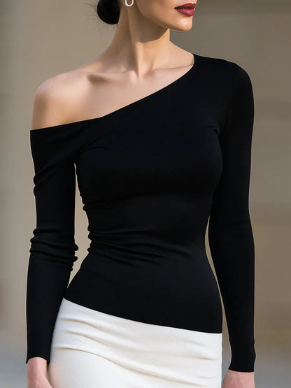 Elegant Asymmetric One-Shoulder Long-Sleeve Knit Top