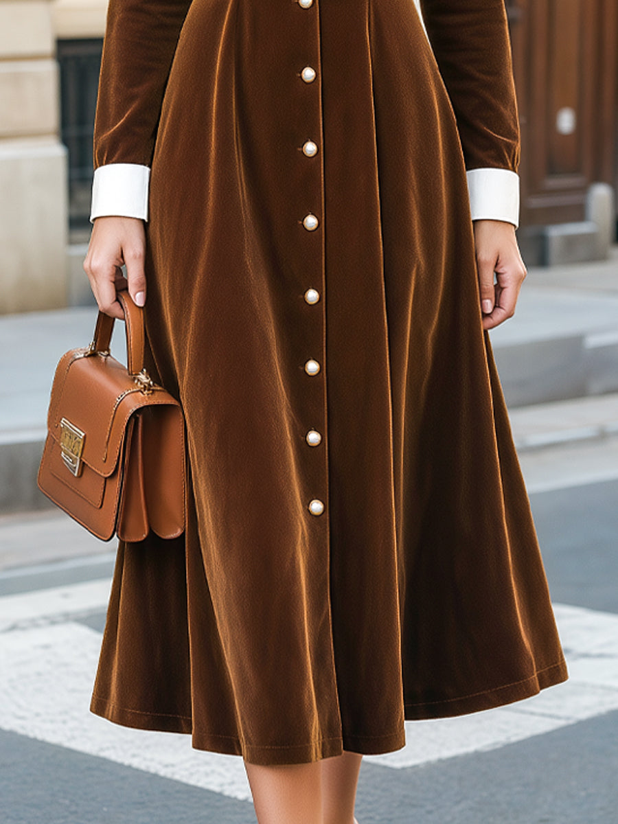 Contrast Collar Velour Button-Front Midi Dress