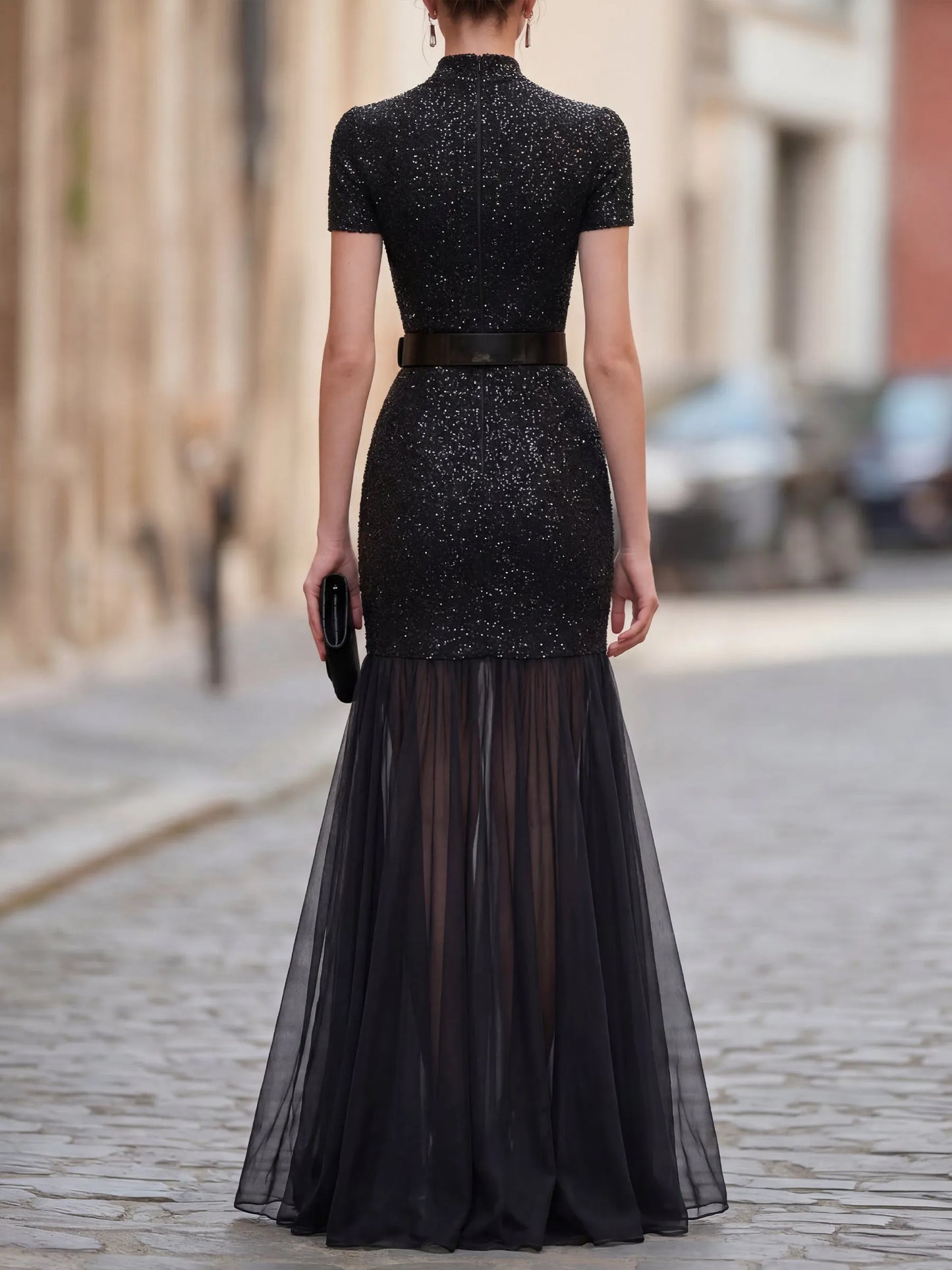 Glitter Mock Neck Short Sleeve Mesh Mermaid Maxi Dress