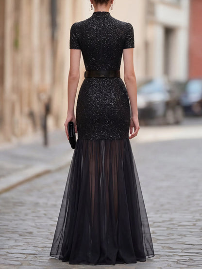 Glitter Mock Neck Short Sleeve Mesh Mermaid Maxi Dress