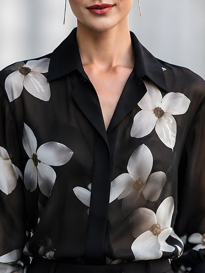 Elegant Black Sheer Floral Print Chiffon Blouse